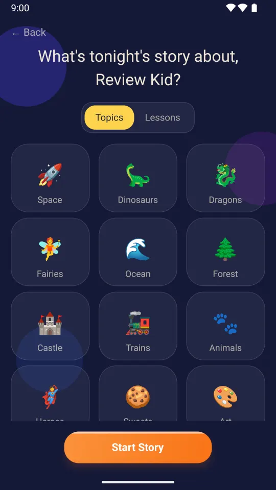 The dark bedtime screen asking: What's tonight's story about? Topic tiles include Space, Dinosaurs, Dragons, Fairies, Ocean, Forest, Castle, Trains and Animals, above a Start Story button.