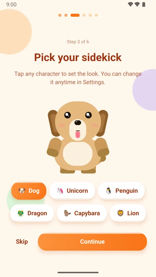Setup step 3 of 6, Pick your sidekick. A cartoon dog is shown above six choices: Dog, Unicorn, Penguin, Dragon, Capybara and Lion.