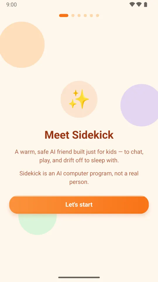 The welcome screen reading: Meet Sidekick. A warm, safe AI friend built just for kids. Sidekick is an AI computer program, not a real person.